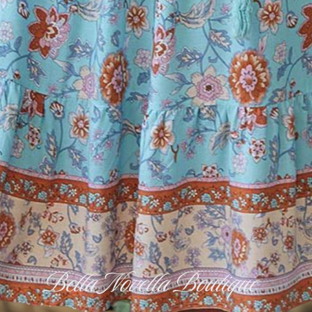 🔴 Boho Blue Floral Puff Sleeve Smock Dress - Picture 7 of 8